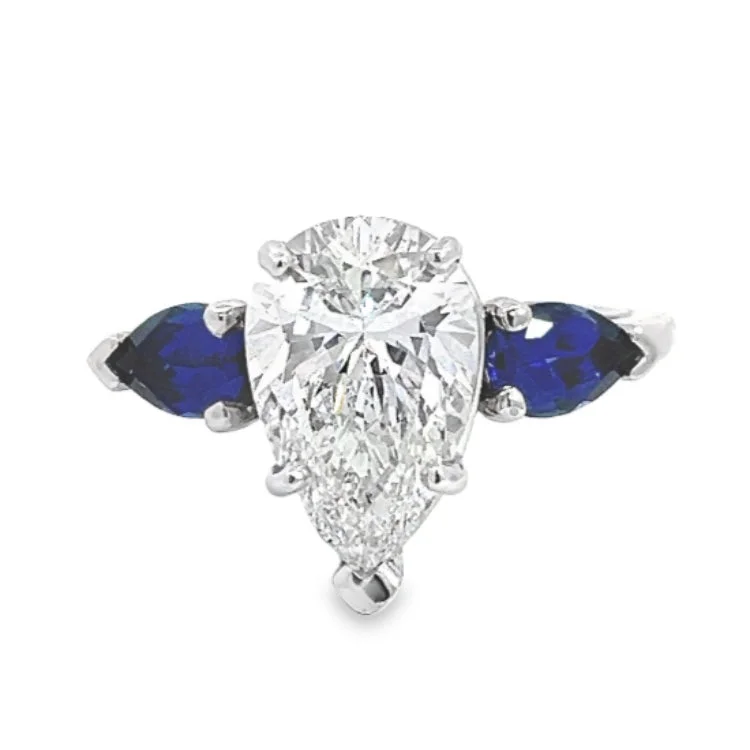 Vintage - style engagement ring with filigree details and sapphire accents in 14K yellow goldLAB GROWN PEAR DIAMOND & SAPPHIRES 3.54ctw THREE STONE RING