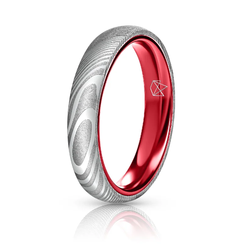 Interlocking Band Women's Rings in White Gold for a Modern DesignWood Grain Damascus Steel Ring - Resilient Red - 4MM