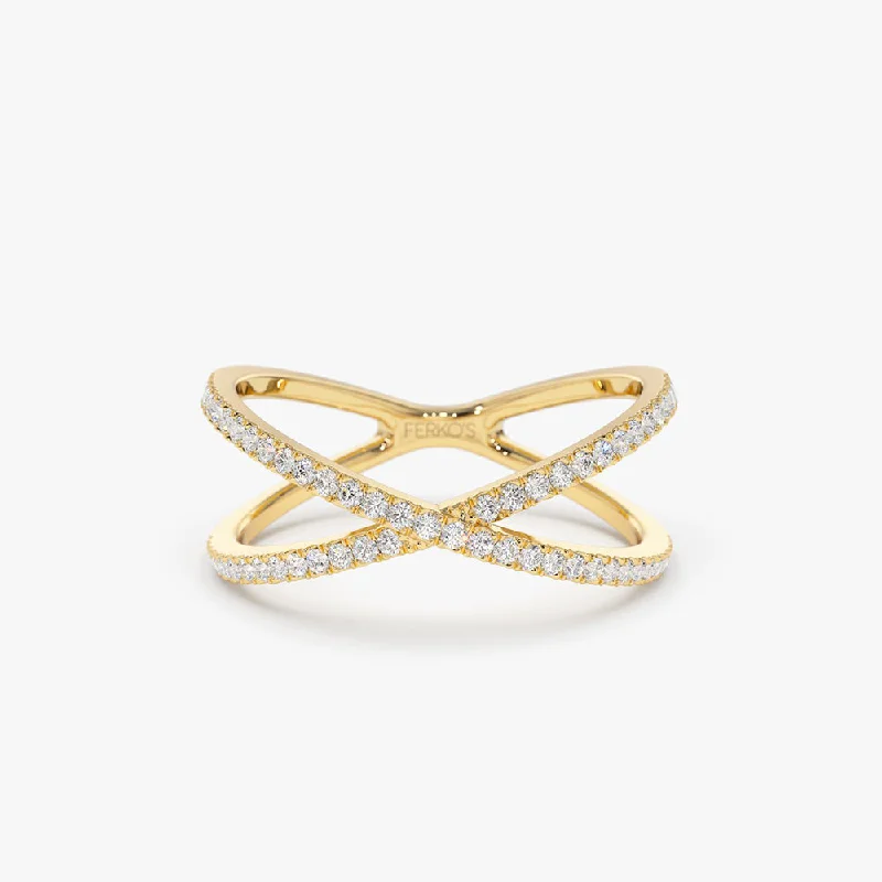 Women's Diamond Rings with Side - Stone Pave Setting for a Sparkling and Continuous Shine14K Gold Diamond Criss Cross Pave Ring