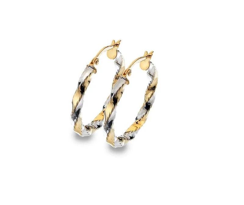 Minimalist hoop earrings9ct Yellow and White Diamond Cut Hoop Earrings