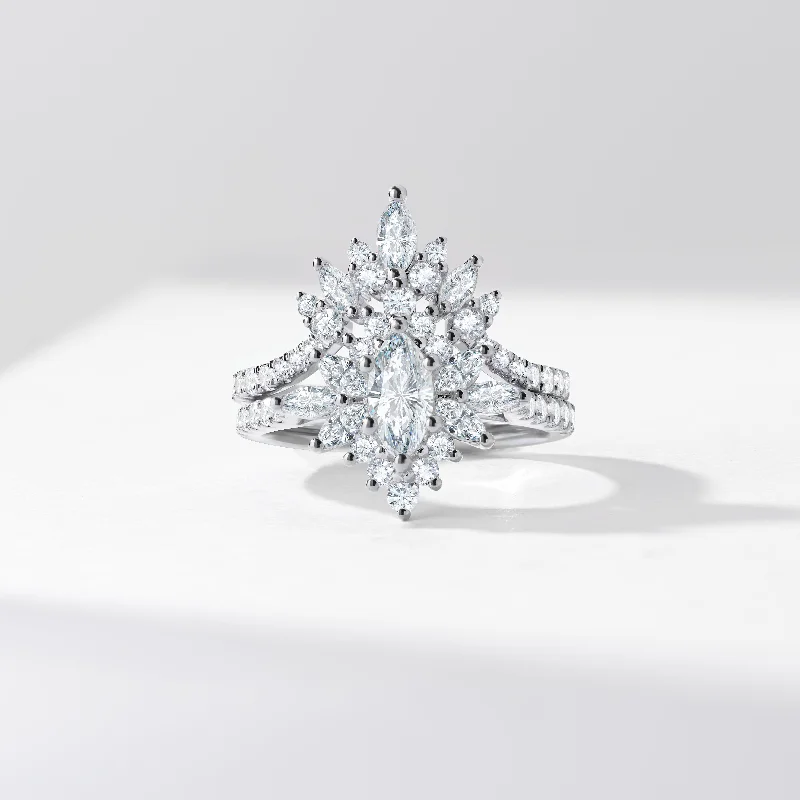 Round - cut diamond engagement ring with a twisted band design in 14K white gold0.50ct Marquise Lab Diamond Solitaire Starburst Halo Tiara Diamond Bridal Set 1.5tdw