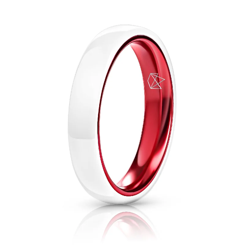 Boho - Style Women's Rings with Turquoise and Leather AccentsWhite Ceramic Ring - Resilient Red - 4MM