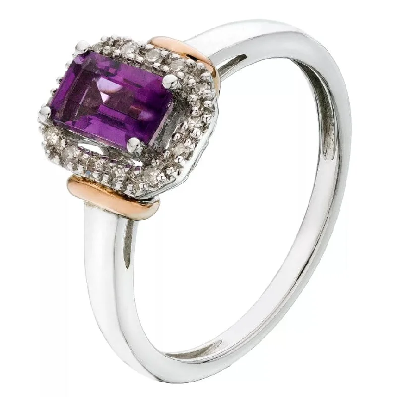 Sterling Silver & 9ct Rose Gold Amethyst and Diamond Ring