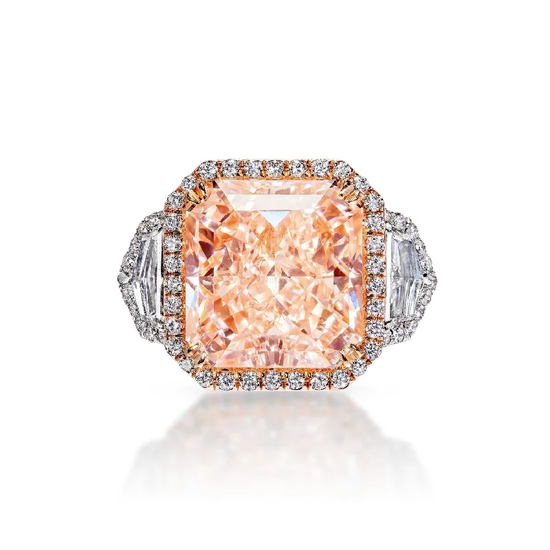 Three - Stone Women's Diamond Rings Symbolizing Past, Present, and Future with Emerald - Cut DiamondsPRIEM 15 Carat Radiant Cut Fancy Intense Orangy Pink Three Stone Diamond Engagement Ring GIA Certified 13 CT Fancy Orangey Pink by Mike Nekta NYC