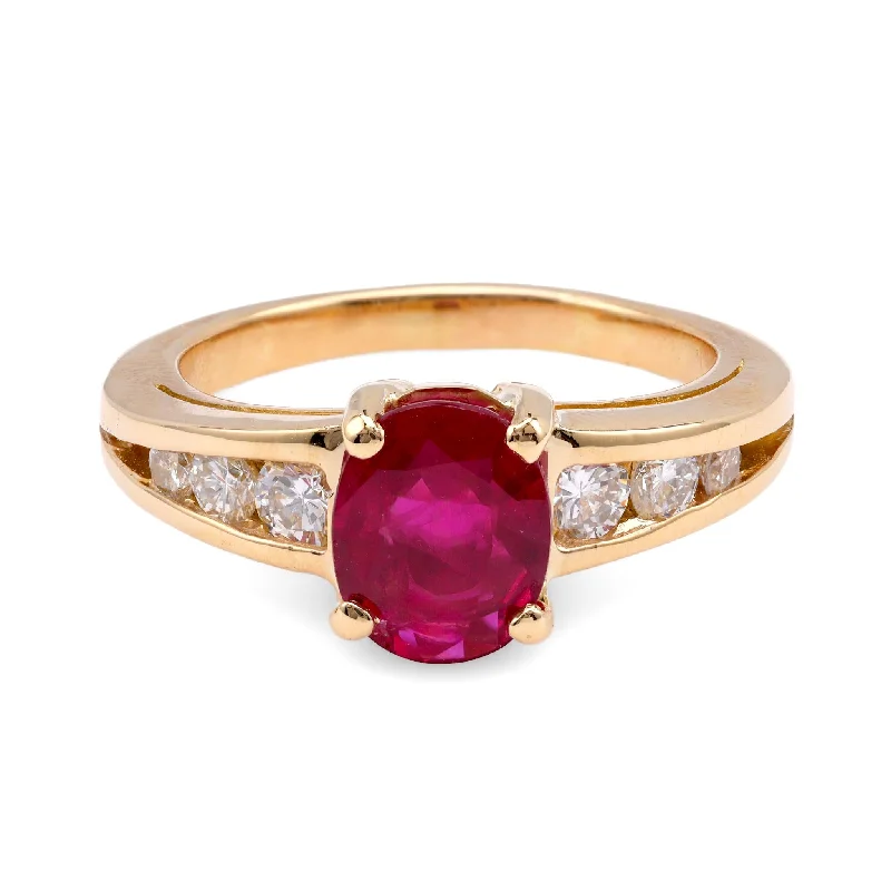 Three - stone diamond engagement ring in rose gold, symbolizing past, present, and futureVintage French GIA 1.56 Carat Burma Ruby Diamond 18K Yellow Gold Ring