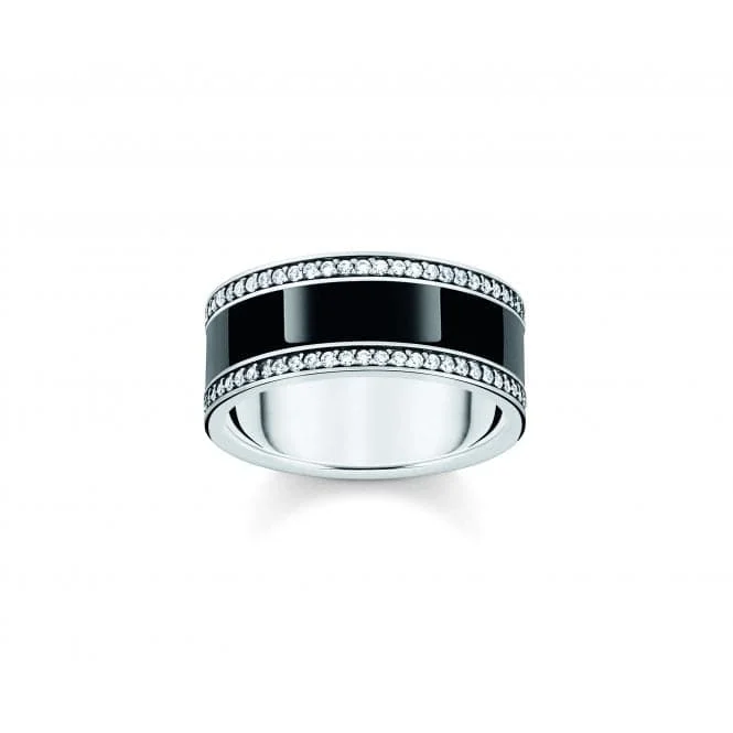 Fashion Rings with Initial Charms in Silver - Plated Metal for a Custom AccessorySterling Silver Black Enamel And Zirconia Band Ring TR2446-691-11