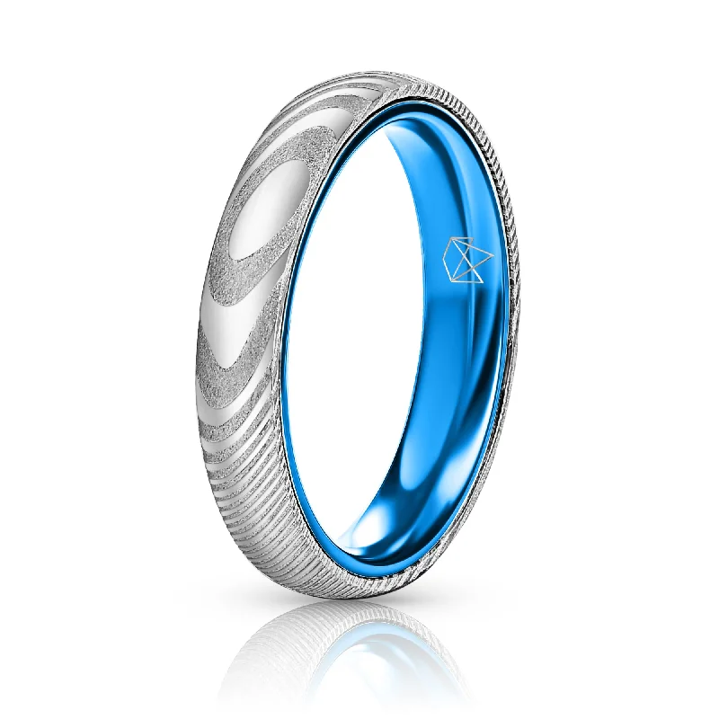 Women's Rings with Birthstones for a Personalized TouchWood Grain Damascus Steel Ring - Resilient Blue - 4MM