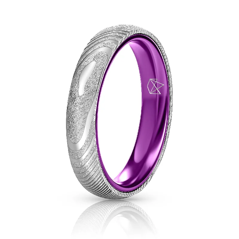 Diamond - Encrusted Women's Rings for Special Occasions in 18K GoldWood Grain Damascus Steel Ring - Resilient Purple - 4MM