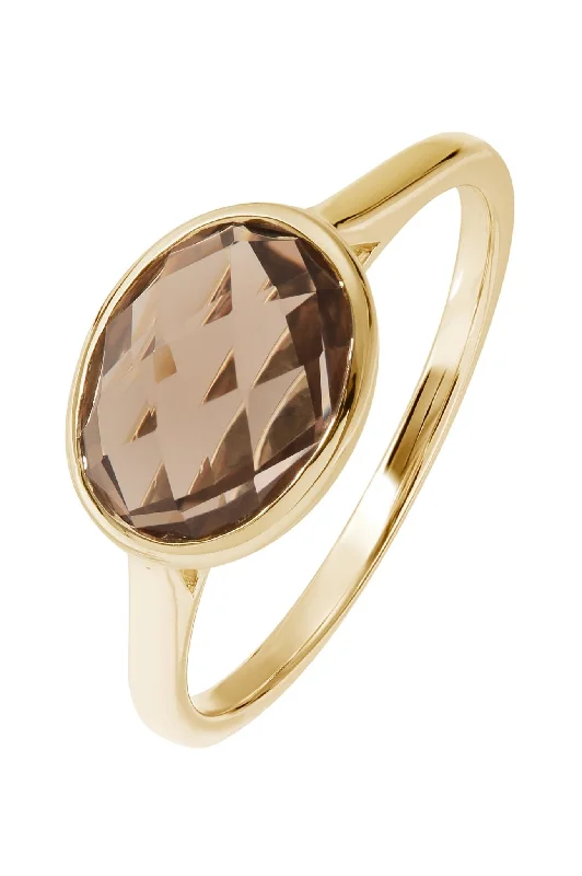 Minimalist Fashion Rings in Stainless Steel with a Single Solitaire Crystal9ct Yellow Gold Smoky Quartz Ring