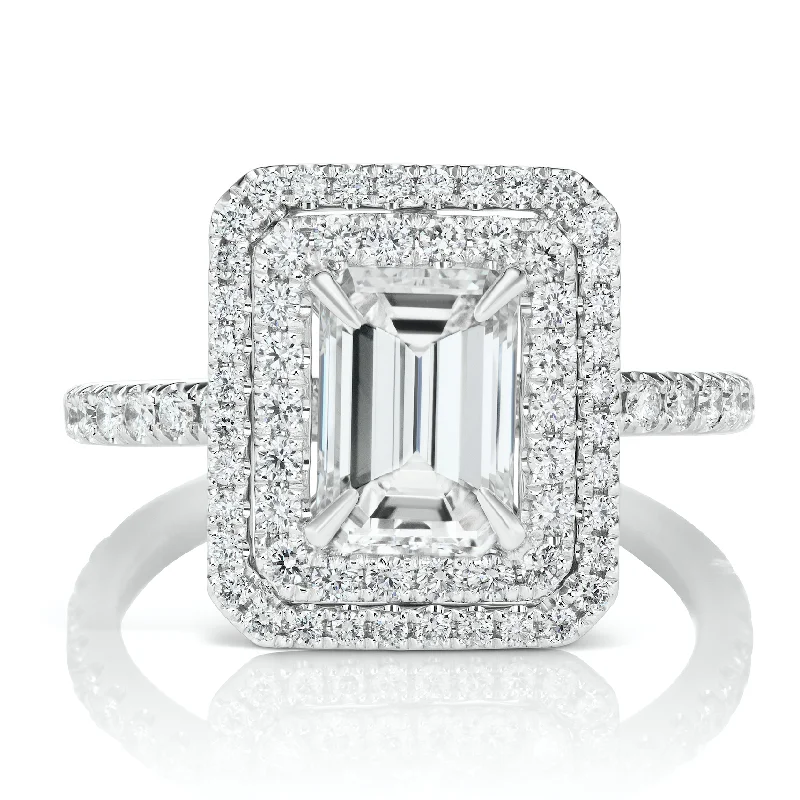 Halo - Style Women's Diamond Rings with a Center Diamond Surrounded by Smaller Diamonds in 18K GoldPAOLA 2 CARAT EMERALD CUT H COLOR SI2 CLARITY DIAMOND ENGAGEMENT RING 18K WHITE GOLD GIA CERTIFIED 2 CT H SI2 BY MIKE NEKTA