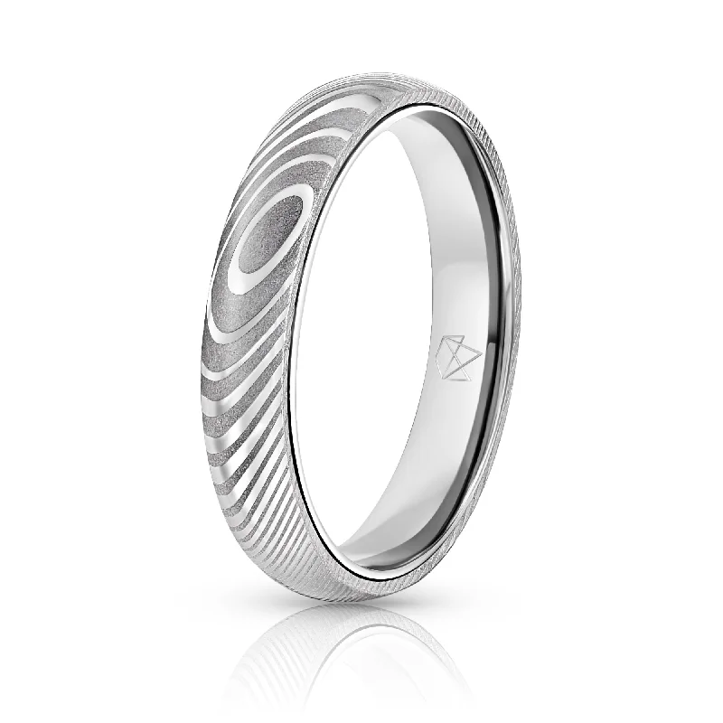 Engagement - Inspired Women's Rings with a Halo of Small DiamondsWood Grain Damascus Steel Ring - Sterling Silver - 4MM