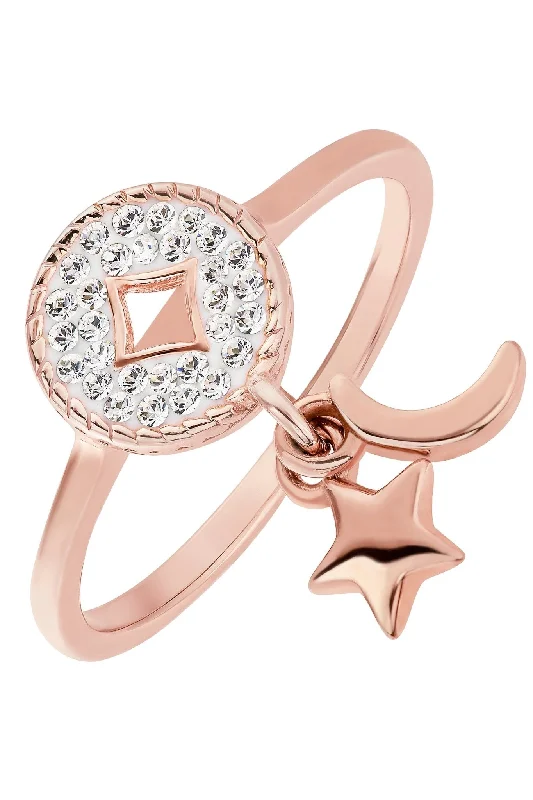 Fashion Rings with Zodiac Symbols in Gold - Filled Metal for a Personalized TouchSterling Silver Rose Gold Plated Crystal Crescent Moon & Star Charm Ring