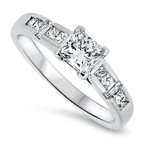 Halo - Style Women's Diamond Rings with a Center Diamond Surrounded by Smaller Diamonds in 18K Gold0.80ct Princess & Baguette Cut Diamond Engagement Style Ring in 18k White Gold