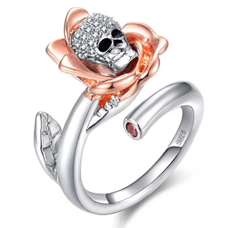 Gothic - Style Women's Rings with Black Onyx and Silver SkullsCycolinks Zircon Skull Rose Ring