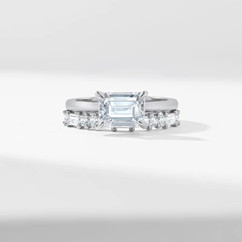 Opal and diamond engagement ring in a contemporary silver band with black - rhodium accents1.75ct East West Emerald Cut moissanite Solitaire With Baguette And Round Brilliant moissanite Bridal Set 2.40tdw