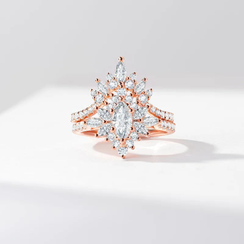 Heart - shaped diamond engagement ring with a hidden halo in 14K rose gold0.50ct Marquise Moissanite Solitaire Starburst Halo Tiara Moissanite Bridal Set 1.5tdw