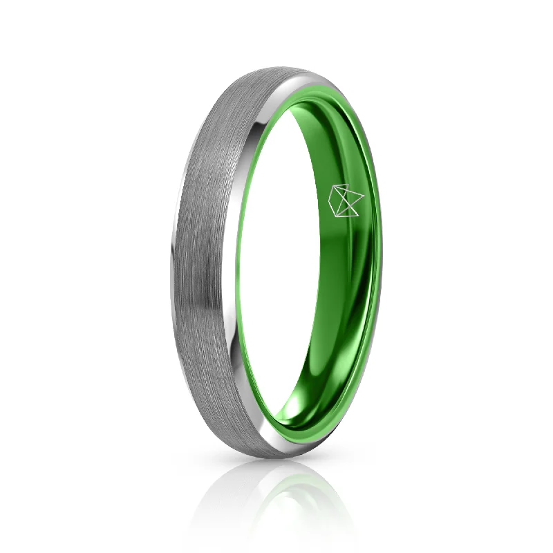 Engagement - Inspired Women's Rings with a Halo of Small DiamondsSilver Tungsten Ring - Resilient Green - 4MM