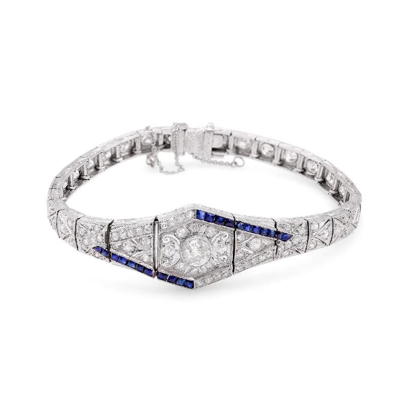 Princess - cut diamond engagement ring with a pavé - set band in platinumArt Deco Diamond Sapphire Platinum Bracelet