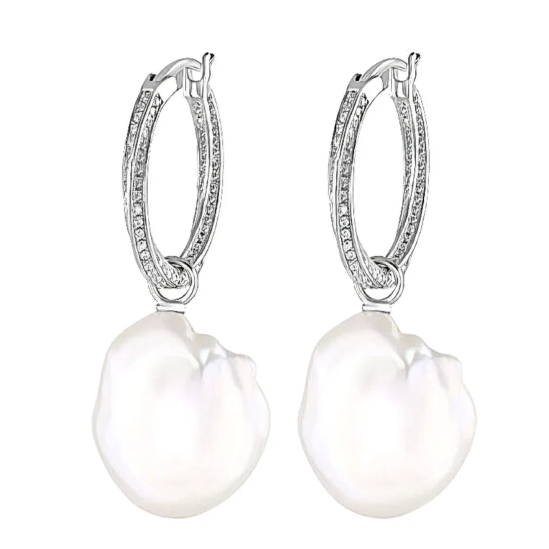 Large hoop earringsSterling Silver Large Baroque Pearl and Cubic Zirconia Hoop Earrings