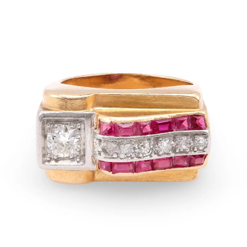 Pear - shaped diamond engagement ring with side baguette diamonds in 18K goldRetro French 0.25 Carat Old European Diamond and Ruby 18k Yellow Gold Tank Ring