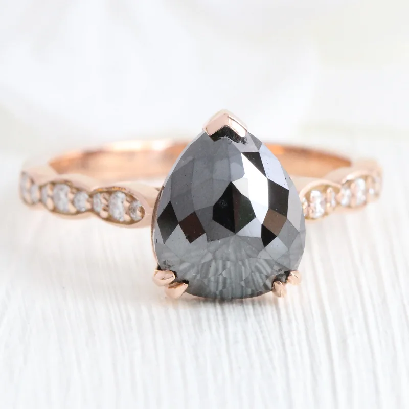 Heart - Shaped Women's Diamond Rings in Rose Gold for a Romantic and Symbolic Gift2.82 Ct Pear Rose Cut Black Diamond Ring in 14k Rose Gold Solitaire Scalloped Band, Size 6.75