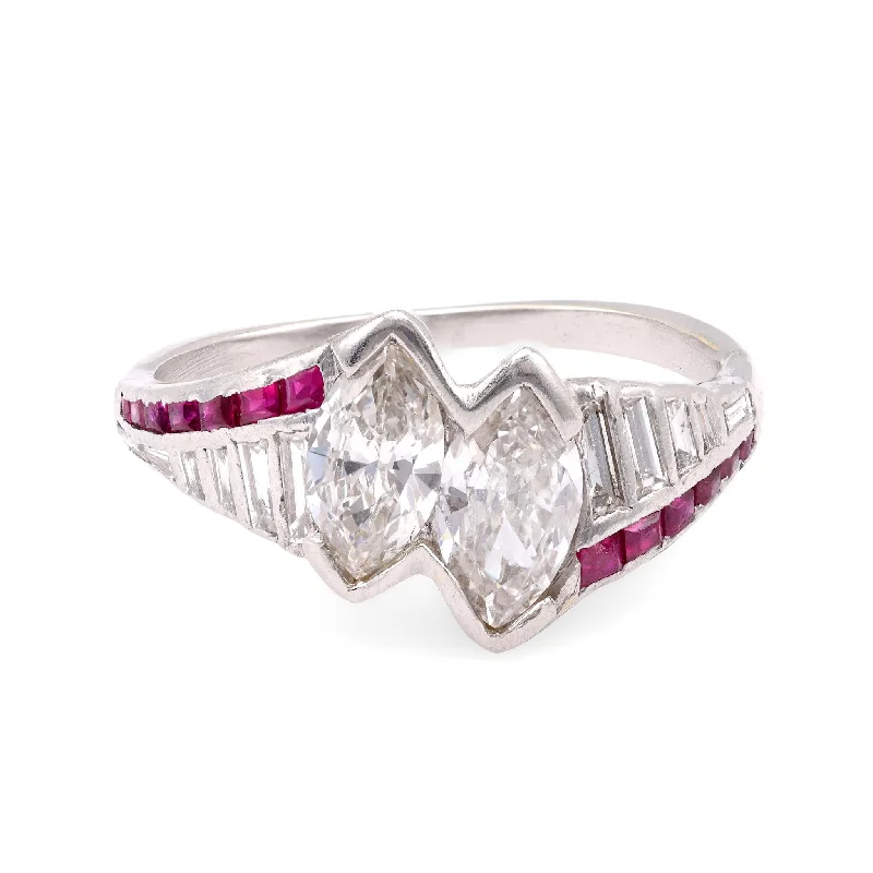 Pear - shaped diamond engagement ring with side baguette diamonds in 18K goldArt Deco Diamond Ruby Platinum Two Stone Ring