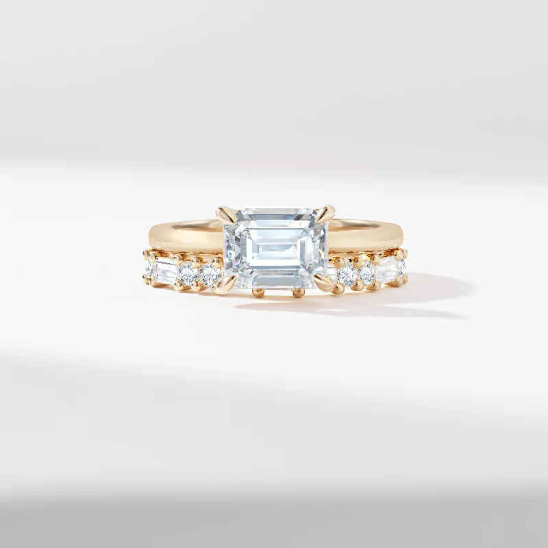 Aquamarine and diamond engagement ring in a 18K white - gold setting with a scalloped edge1.75ct East West Emerald Cut Lab Diamond Solitaire With Baguette And Round Brilliant Diamond Bridal Set 2.40tdw