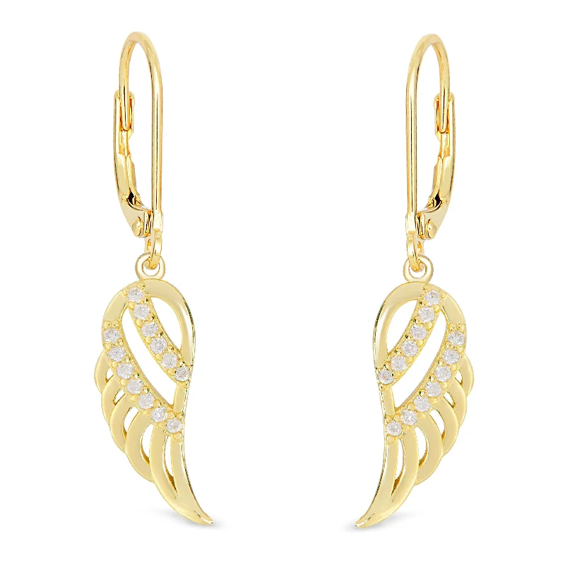 Magnetic - closure drop earrings for easy wearingCZ Angel Wing Leverback Earrings in 18k Gold over Sterling Silver