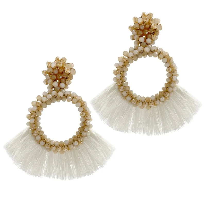 Retro - style drop earrings from the 1960s or 1970sBeaded Drop Earrings with White Fringes