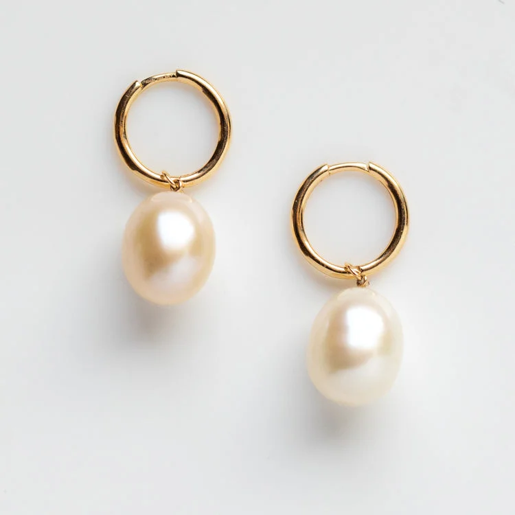 Clip - on drop earrings for non - pierced earsSolid Gold Elegant Pearl Charm Huggies