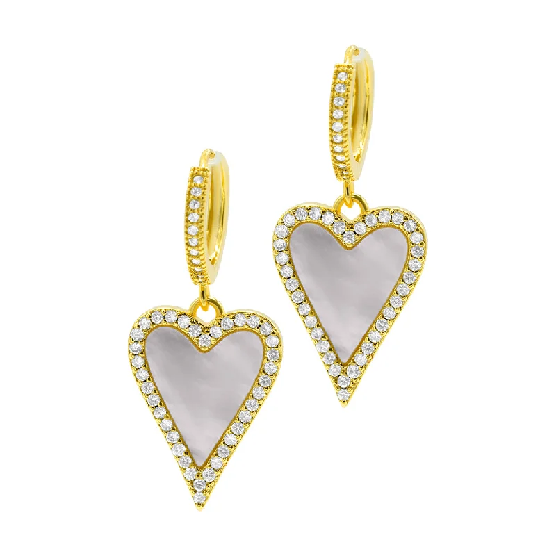 Aquamarine drop earrings reminiscent of the ocean14k Gold Plated White Mother-of-Pearl Crystal Halo Heart Drop Huggie Earrings