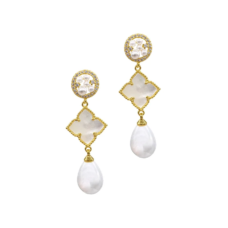 Heart - shaped drop earrings for a loving and charming look14k Gold Plated 3-Tier Flower White Mother of Pearl Drop Earrings