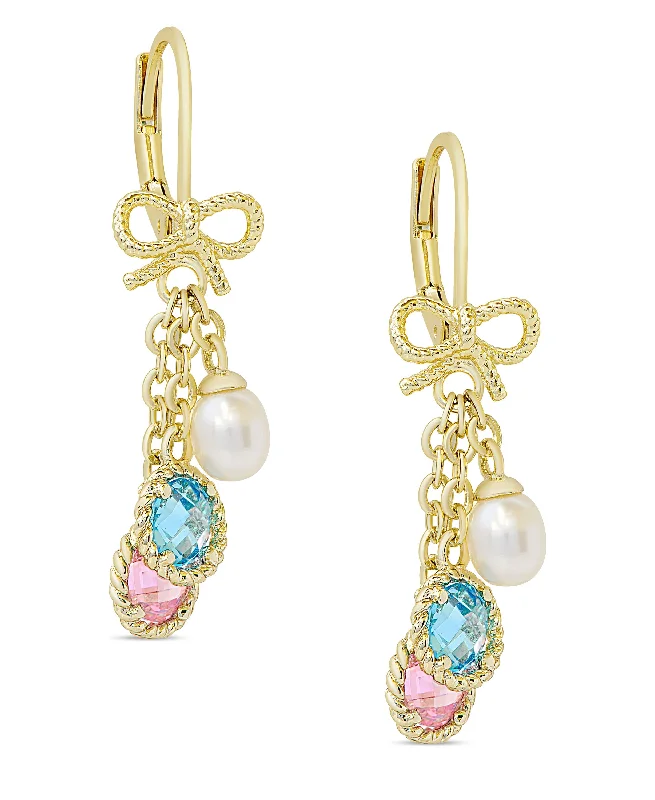 Aquamarine drop earrings reminiscent of the oceanCZ and Pearl Charms Bow Earrings