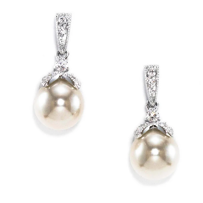 Silver drop earrings with intricate filigree workKendyl Pave' Crystal and Freshwater Pearl Bridal Earring