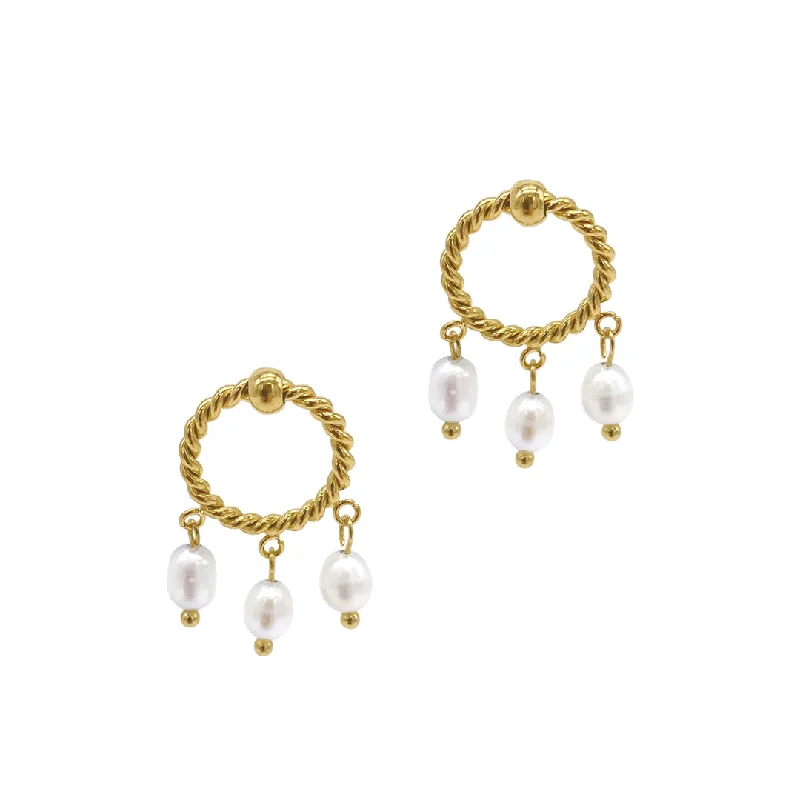 Floral - themed drop earrings for a feminine and romantic feelTarnish Resistant 14k Gold Plated Cable Hoop and 3-Pearl Dangle Earrings