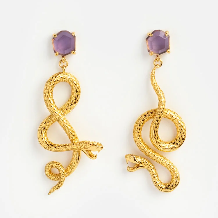 Magnetic - closure drop earrings for easy wearingAwaken Amethyst Snake Earrings