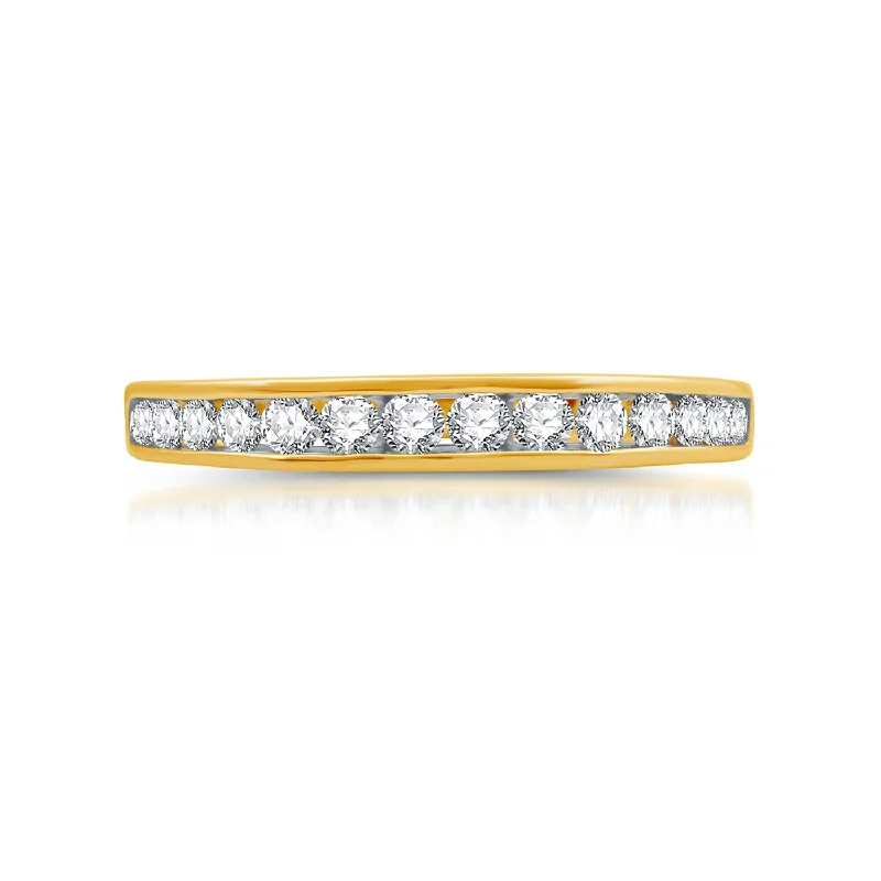 Rose Gold - Plated Engagement and Wedding Band Sets with a Halo of Cubic Zirconia for a Glamorous and Affordable Look1/2 CTW Diamond Anniversary Ring in 10KT Yellow Gold