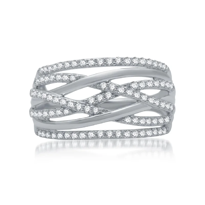 Art Deco - Inspired Wedding Bands with Geometric Patterns in Platinum for a Retro and Glamorous Style1/2 CTW Diamond Fashion Ring in Rhodium Plated Sterling Silver