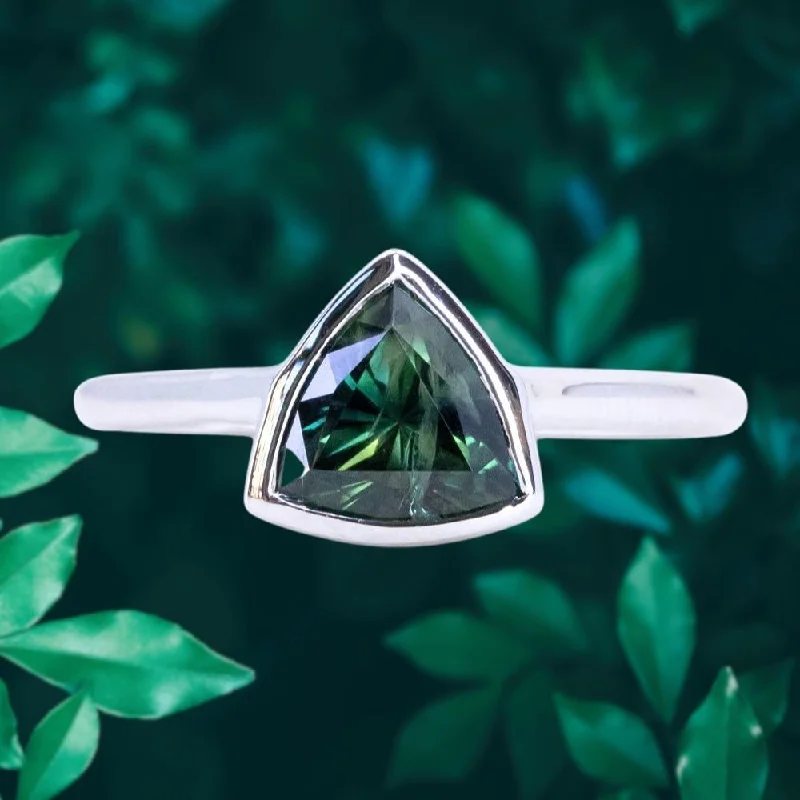 Tourmaline Gemstone Rings in 18K Two - Tone Gold with a Floral - Shaped Setting for a Feminine Touch1.57ct Trillion Deep Teal Green Sapphire Contemporary Bezel Set Ring in 18k White Gold