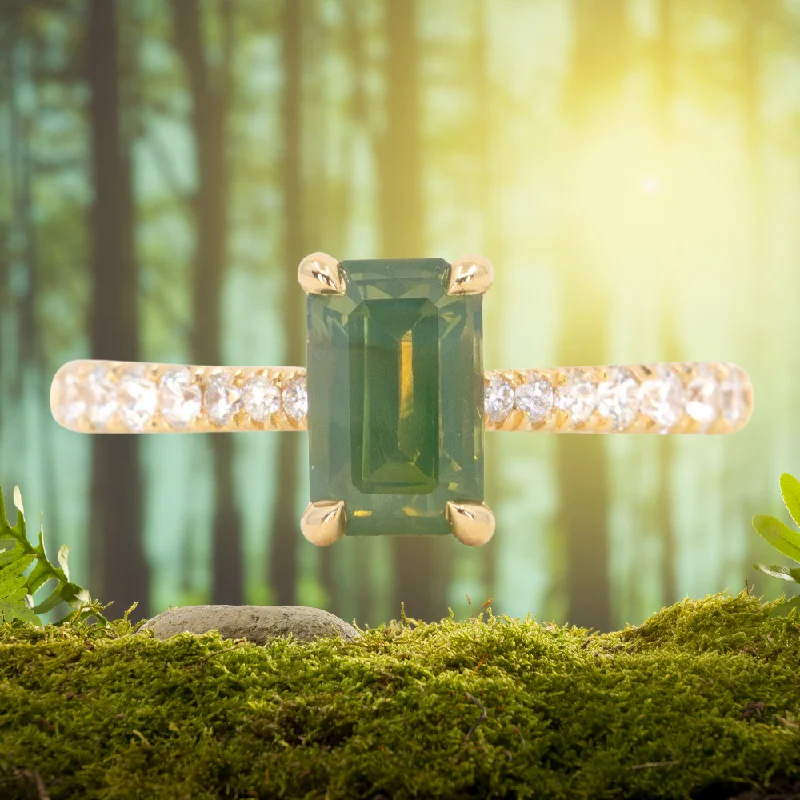 Garnet Gemstone Rings in 18K Gold Vermeil with Intricate Engravings for a Traditional Aesthetic1.67ct Emerald Cut Green Opalescent Sapphire Hidden Halo Solitaire with French Set Diamonds in 18k Yellow Gold