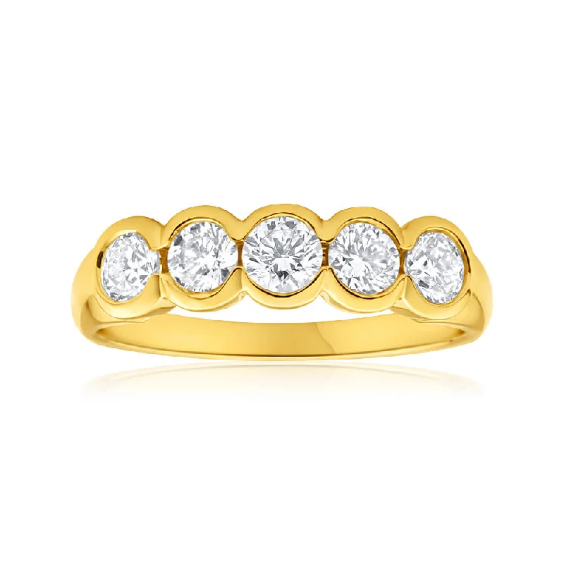 Laser - Etched Floral Design Wedding Bands in Palladium for a Delicate and Intricate Look18ct Yellow Gold Ring With 1 Carat Of Bezel Set Diamonds