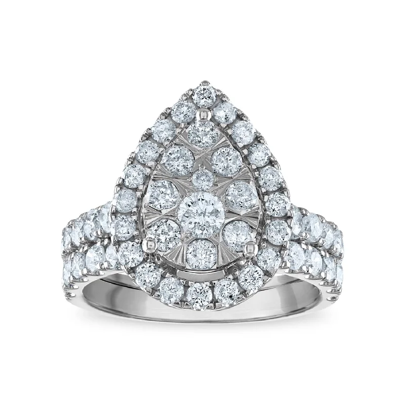 Classic Round Cut Engagement Rings with Platinum Prongs and Halo Setting for Timeless Elegance2 CTW Diamond Halo Cluster Bridal Set Pear Shaped Ring in 10KT White Gold