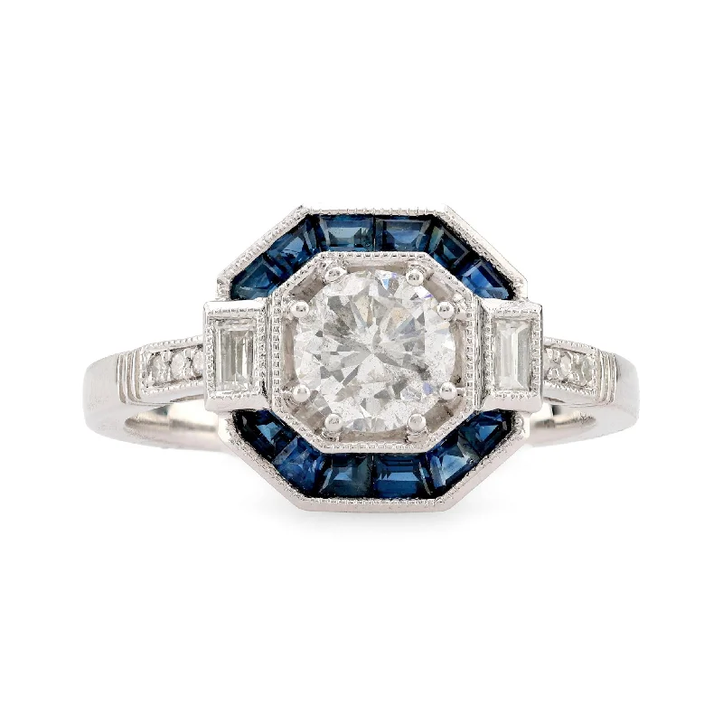 Vintage Cluster Engagement Rings with Antique - Cut Diamonds and Silver FiligreeArt Deco Style Diamond Sapphire Platinum Ring