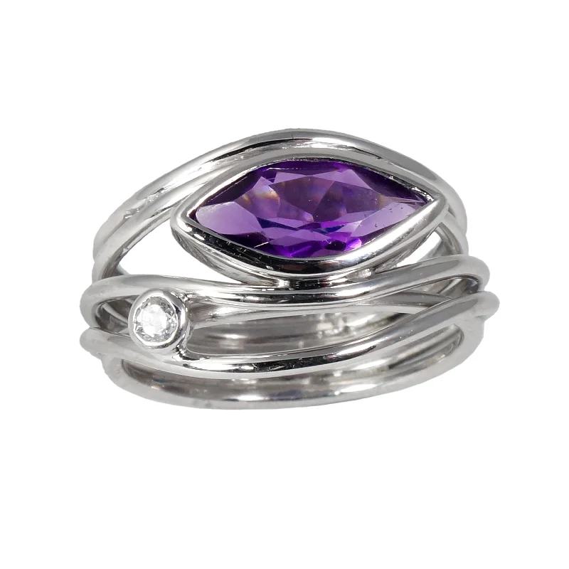 Adjustable - Fit Wedding Bands in Gold - Plated Metal for a Comfortable and Custom - Fitting OptionEast West Silver Marquise Ring - Amethyst