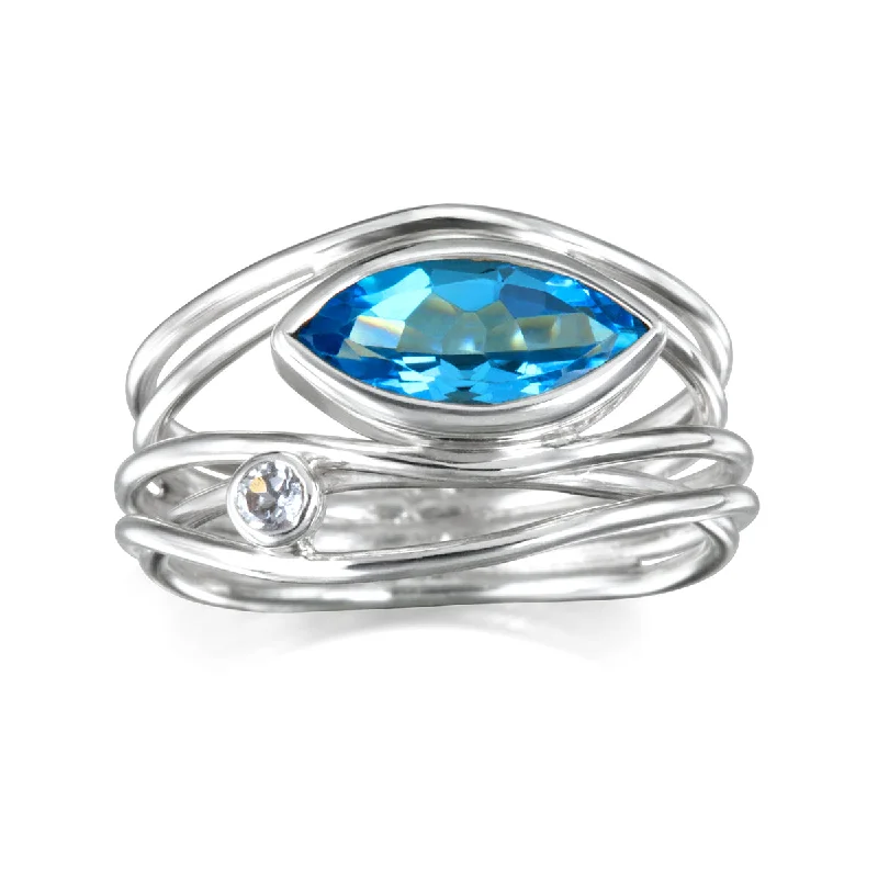 Stackable Wedding Bands in Sterling Silver with Enamel Inlays for a Colorful and Versatile OptionEast West Silver Marquise Ring - Blue Topaz