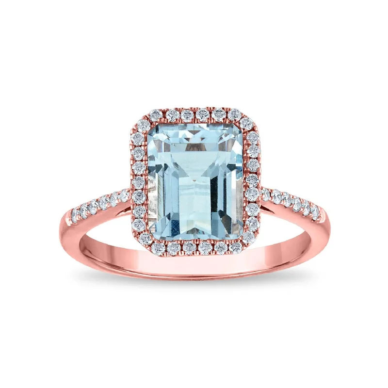 Halo Engagement Rings with a Cushion - Cut Center Diamond and Rose Gold BandEFFY 9X7MM Emerald Shape Aquamarine and Diamond Halo Engagement Ring in 14KT Rose Gold