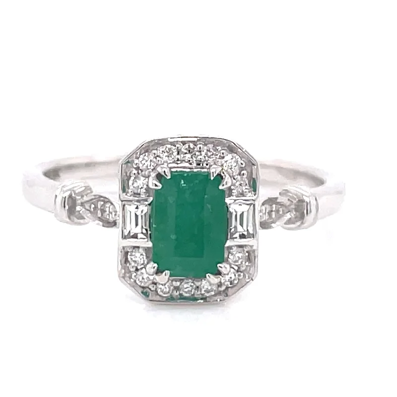 Sapphire Gemstone Rings in 18K White Gold with Diamond Accents for an Elegant EngagementEarth Grown Emerald Cut .70ct Emerald In Diamond & White Sapphire Vintage Style Mounting White Gold