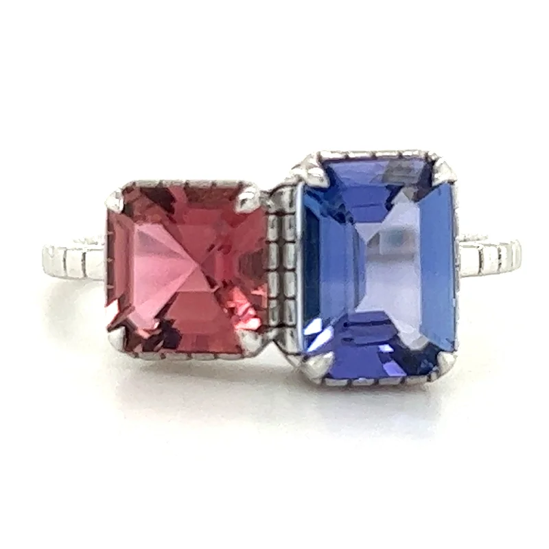 Tanzanite Gemstone Rings in 10K Gold with a Trilogy Design for a Sophisticated GiftEmerald Cut Tanzanite & Princess Cut Pink Tourmaline Duo Ring in 18kt White Gold