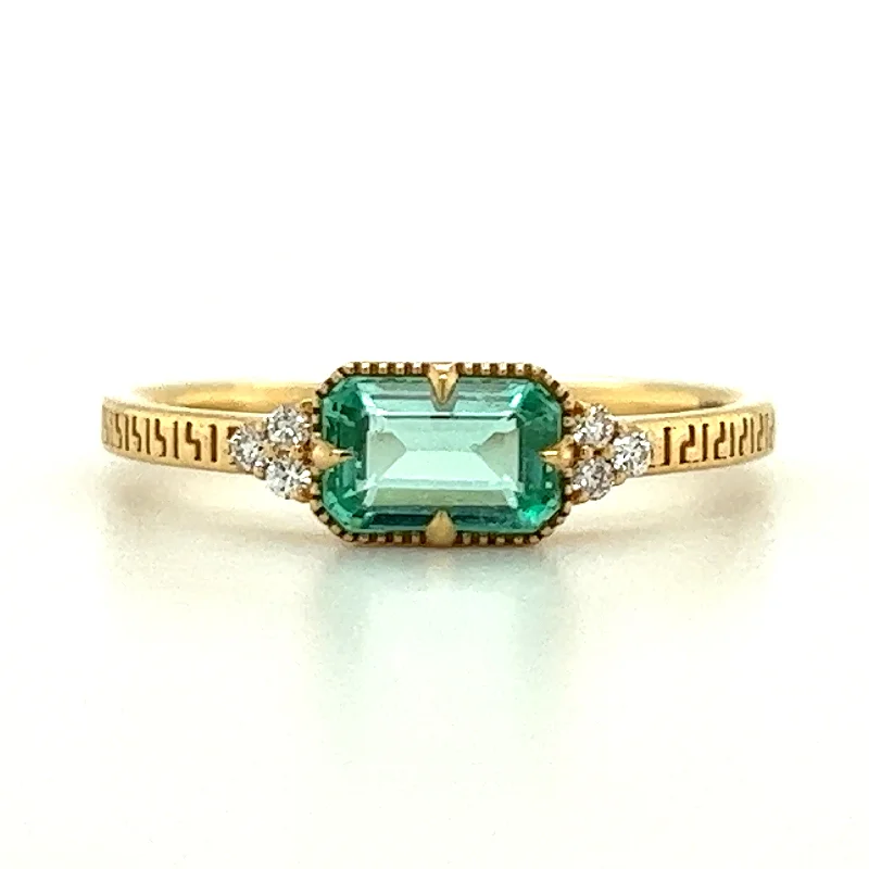 Emerald Gemstone Rings Set in Platinum with Filigree Work for a Vintage - Inspired LookHorizontal Set 0.47ct Emerald with Side Trio of 0.04ct Diamond Ring 18kt Yellow Gold