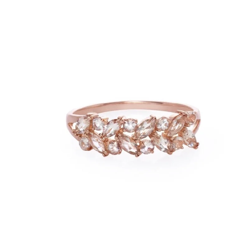 Laser - Etched Floral Design Wedding Bands in Palladium for a Delicate and Intricate LookMarquise Cut Morganite Ring in Rose Gold